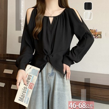 法式方領鏤空扭結開衩拉鍊雙袖上衣(2色) L-3XL【174722X】【現+預】☆流行前線☆