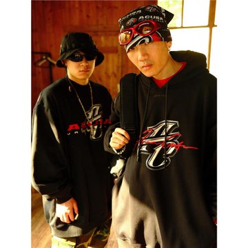 Acusa金屬大標印花立體凸繡連帽重磅加絨衛衣帽衫拼接螺紋寬松男