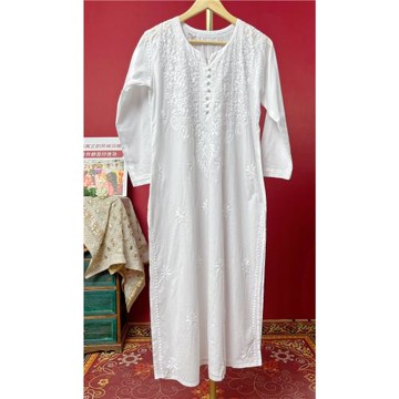 B5-2-2印度純棉刺繡正宗瑜伽服禪修服寬松女上衣長款春夏薄白色