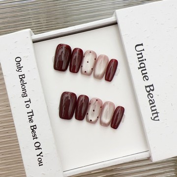 ✨Hannah✨純手工穿戴甲貓眼中方磚紅純色波點簡約顯白防水美甲可拆卸假指甲精緻穿戴甲 7HXW