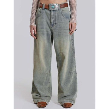 NONTRADE/Jaded辣妹膠片感藍綠色洗水做舊復古拖地寬松闊腿牛仔褲