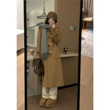 Veee 禾木初雪 美拉德棕色牛角扣長款毛呢大衣呢子外套女冬季