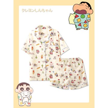 純棉小新睡衣男女夏季短袖情侶網紅風小清新夏天奶黃色家居服