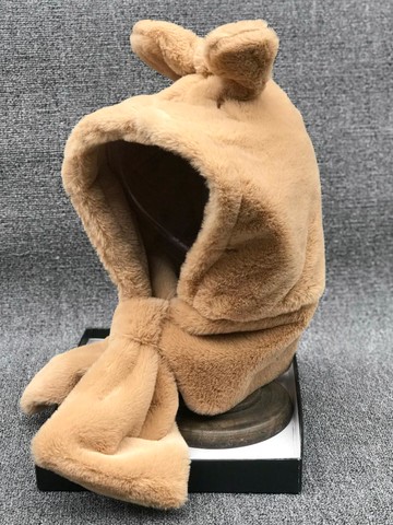 好柔軟好舒適好保暖的可愛兔耳朵帽子女圍脖帽子一體毛絨絨帽冬帽1入