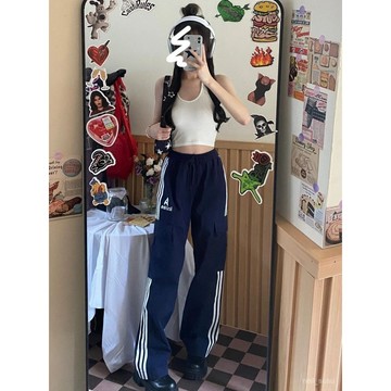 【限時特賣】長褲女 女生褲子 寬褲 運動褲 冰絲長褲 高腰褲 顯瘦長褲美式hiphop高街工裝闊腿褲子女寬鬆顯瘦百搭運動