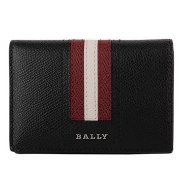 BALLY  Tyrek 金屬銀字紅白條槓防刮皮革名片夾(黑)