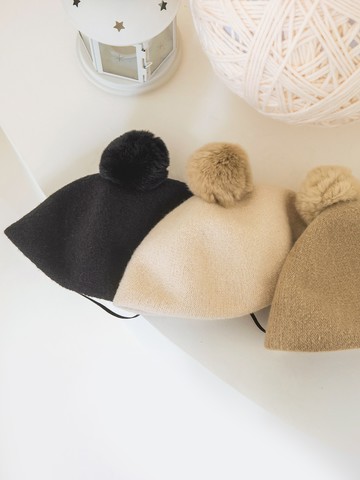 兒童毛球復古畫家帽/貝蕾帽