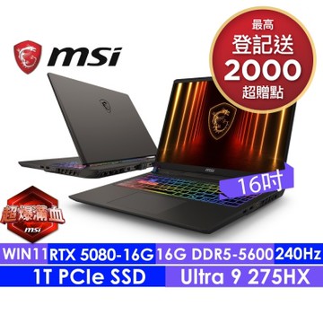MSI微星 Vector 16 HX AI A2XWIG-014TW 240Hz 16吋電競筆電(Ultra 9 275HX/16G/1T SSD/RTX5080-16G/Win11)