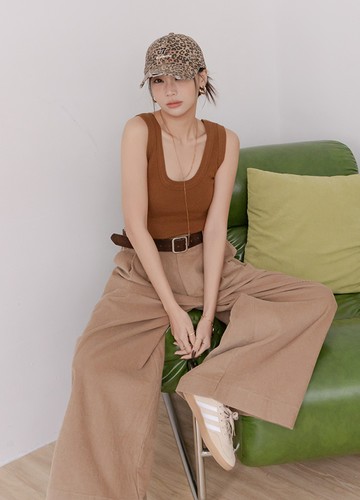 卡其燈芯絨寬褲+腰帶