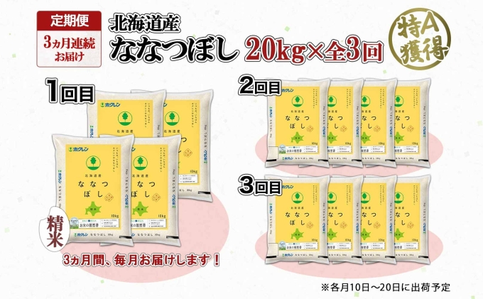 定期便 3ヵ月連続3回 北海道産 ななつぼし 精米 20kg 米 特A 白米 お取り寄せ ごはん 道産米 ブランド米 20キロ おまとめ買い お米 ふっくら ようてい農業協同組合 ホクレン 送料無料 北海道 倶知安町