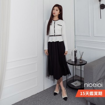 niceioi 小香風洋裝 網紗連身裙 長洋裝 白色 [繁花邊界網紗拼接珍珠釦小香洋裝] 附腰帶 女裝 5L634009