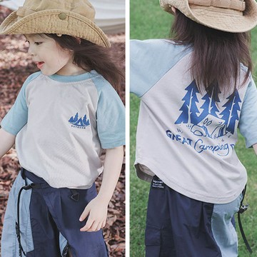 Y B S - 棉質圓領短袖上衣-山中露營-拼袖灰杏