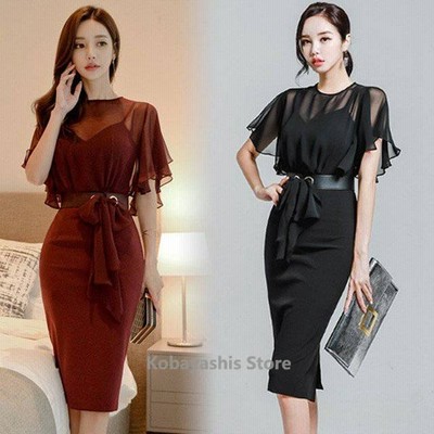 通勤 Ol フォーマルワンピース 膝丈 黒ワンピース ブラック シフォン フレア袖 韓国風 タイトワンピース 半袖 19夏新作 通販 Lineポイント最大get Lineショッピング