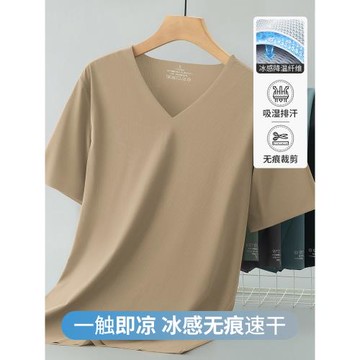 無痕短袖t恤男裝2025新款V領上衣服冰絲涼感速干半袖運動純色體恤