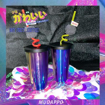 473ml大容量不銹鋼夢幻少女藍紫漸變直飲咖啡保溫杯吸管水壺杯