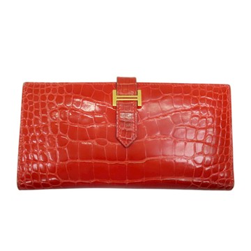 【二手名牌BRAND OFF】HERMES 愛馬仕 橘色 鱷魚皮革 Bearn Soufflet 雙折長夾 D刻 金扣