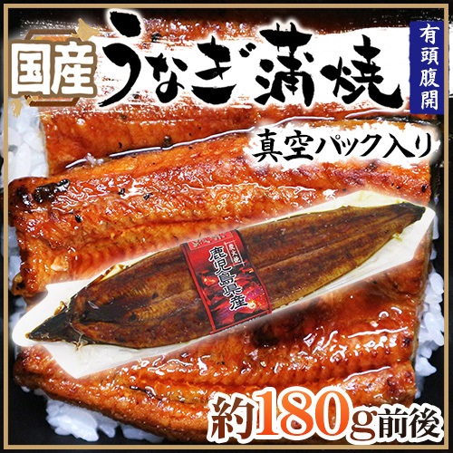 国産 うなぎ蒲焼 約180g前後 真空パック入り 山椒 タレ付き 頭有腹開