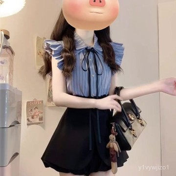 免運 台灣出貨 【店鋪熱銷】學院風顯瘦飛飛袖條紋襯衫女夏季設計感收腰高腰花苞短褲裙兩件套限時下殺