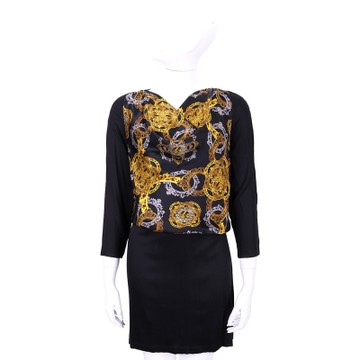 VERSACE 黑色巴洛克圖騰垂領設計七分袖洋裝