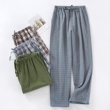 水洗棉睡褲男純棉長褲春秋夏薄款寬松簡約格子全棉家居褲可外穿