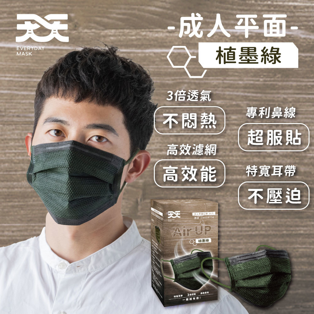 【天天成人平面醫用口罩】植墨綠 每盒30入 單盒販售 (防菌 防空汙 防風保暖 醫療級 平面口罩)