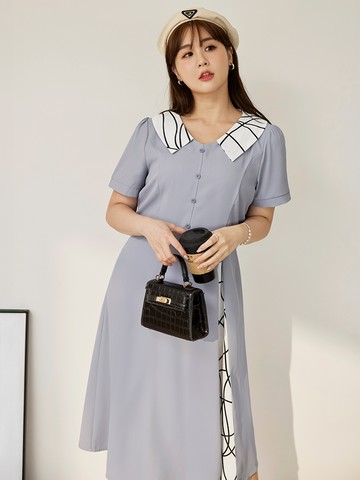 雲朵自訂款-不易皺拼接襯衫領車線收腰長洋裝