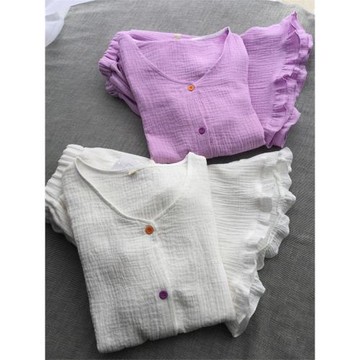 夏季女士睡衣家居服短褲短袖純棉紗布舒適甜美薄款透氣純色甜美風