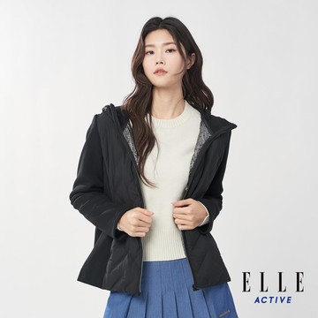 ELLE ACTIVE-羽絨拼接連帽外套-黑