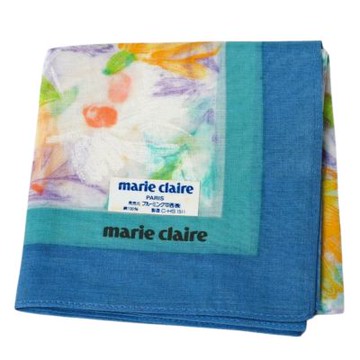 marie claire 日本製100%棉盛開花卉字母LOGO圖騰帕巾(白底/藍邊/46CM)