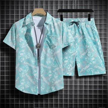 冰絲短袖花襯衫 寬鬆男夏季沙灘服套裝 短袖襯衫 花襯衫 沙灘服 短褲 搭配上衣兩件套 ZS06