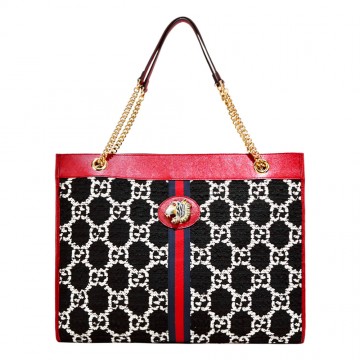 GUCCI Rajah GG 粗花呢皮革飾邊紅綠織物琺瑯虎頭標誌手提肩背托特包(紅x黑)