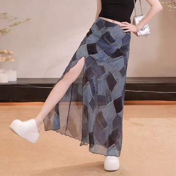 臺灣出貨法式開叉印花半身裙子女2026夏季復古設計感洋氣高腰顯瘦氣質長裙0615