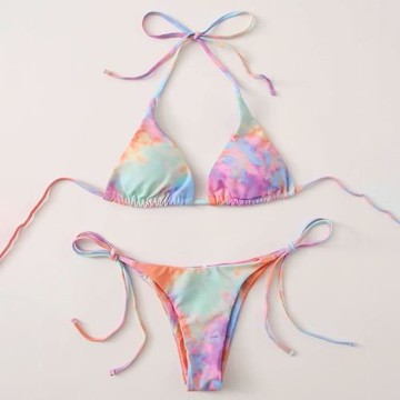 2024新款三點式比基尼泳衣女歐美性感小胸聚攏綁帶時尚bikini泳裝