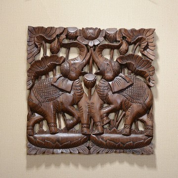 泰式風格原木色雙象電表箱遮檔壁飾東南亞木制雕刻墻面裝飾畫45cm1入