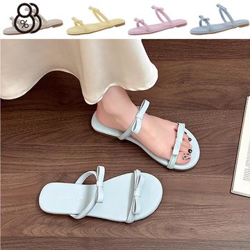 【88%】跟高1.5cm 蝴蝶結細雙帶拖鞋 一字平底拖鞋 涼拖鞋 4色