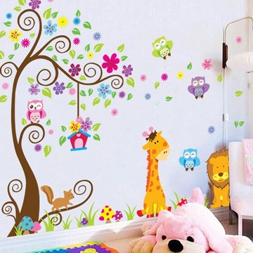 童趣風壁貼  60 x 90cm  可愛小樹貓頭鷹
