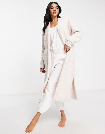 DKNY cosy maxi cardigan with logo detail in cream-Neutral推薦