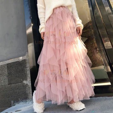 網紗裙蛋糕裙百褶半身裙長裙不規則仙女裙子時尚百搭中長款裙子春夏新款