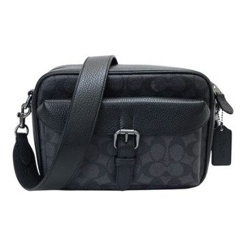 COACH-Warner 前雙口袋皮帶釦撞色斜背包(黑灰)