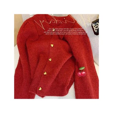 圣誕紅新年戰袍馬海毛毛衣冬季高級感小香風加厚輕奢名媛開衫外套