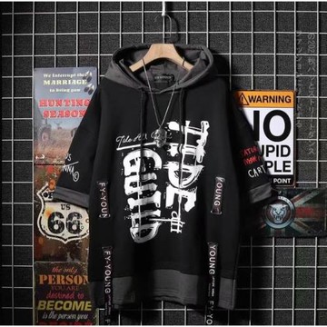 歐美夏季日系潮牌嘻哈帶帽短袖衛衣男個性飄帶拼色假兩件連帽T恤