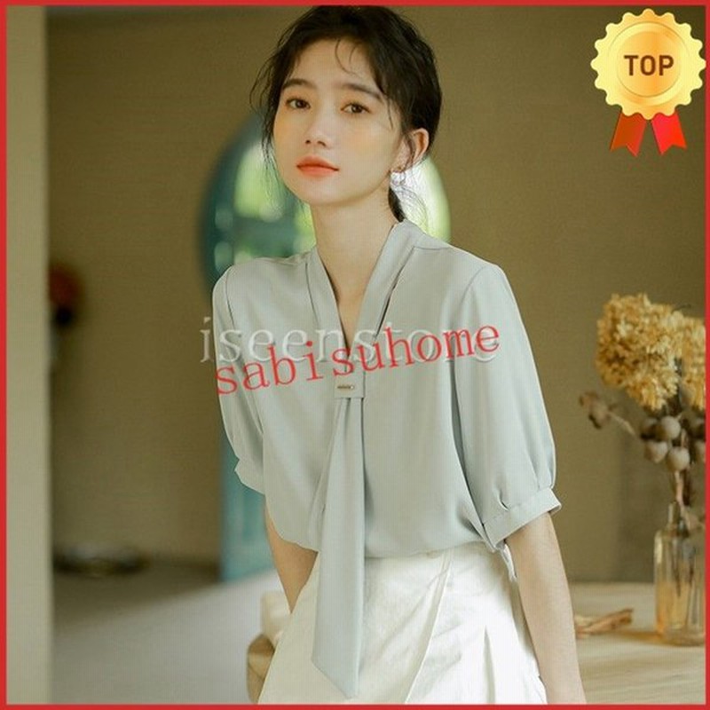 ブラウス ボウタイ 半袖 シフォン レディース スーツ インナー ブラウス オフィス フォーマル シャツプルオーバー とろみ Vネック 夏 おしゃれ 通販 Lineポイント最大0 5 Get Lineショッピング