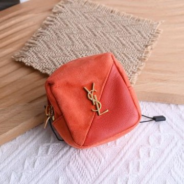 YSL Saint Laurent金屬LOGO素色羊皮方形零錢包(橘)