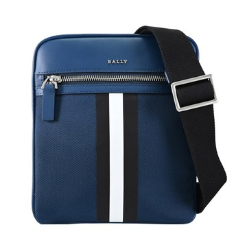 BALLY 6304460 TELFORD 條紋印花帆布皮革斜背扁包.藍