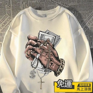 🔥熱銷🔥 美式複古潮牌hiphop加絨圓領衛衣男秋冬寬鬆ins歐美情侶長袖上衣