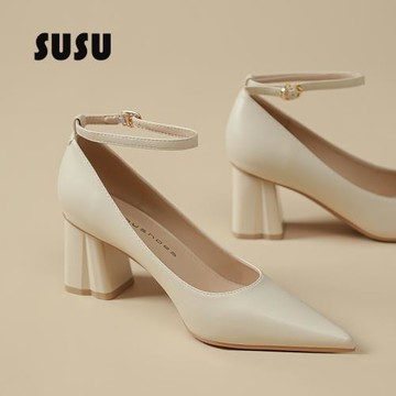 一字扣帶高跟鞋女粗跟職業米白色工作走秀氣質尖頭久站不累腳單鞋