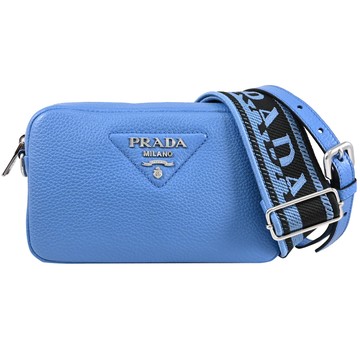 PRADA 1BH192 三角浮雕LOGO雙背帶拉鍊斜背相機包.水藍