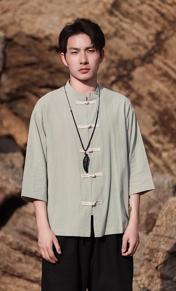 新中式復古 撞色盤扣短袖襯衫