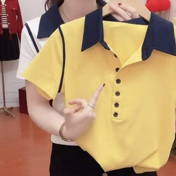 撞色POLO衫女 上衣 POLO衫 短袖衫 撞色Polo衫短袖女夏季新款寬鬆顯瘦休閒時尚百搭氣質減齡上衣