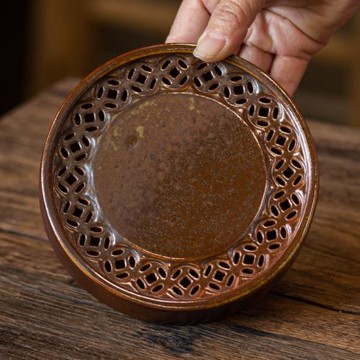 拾閑孤品柴燒小茶臺鏤空雕刻蓄水壺承復古純柴無釉裸燒粗陶泥茶盤